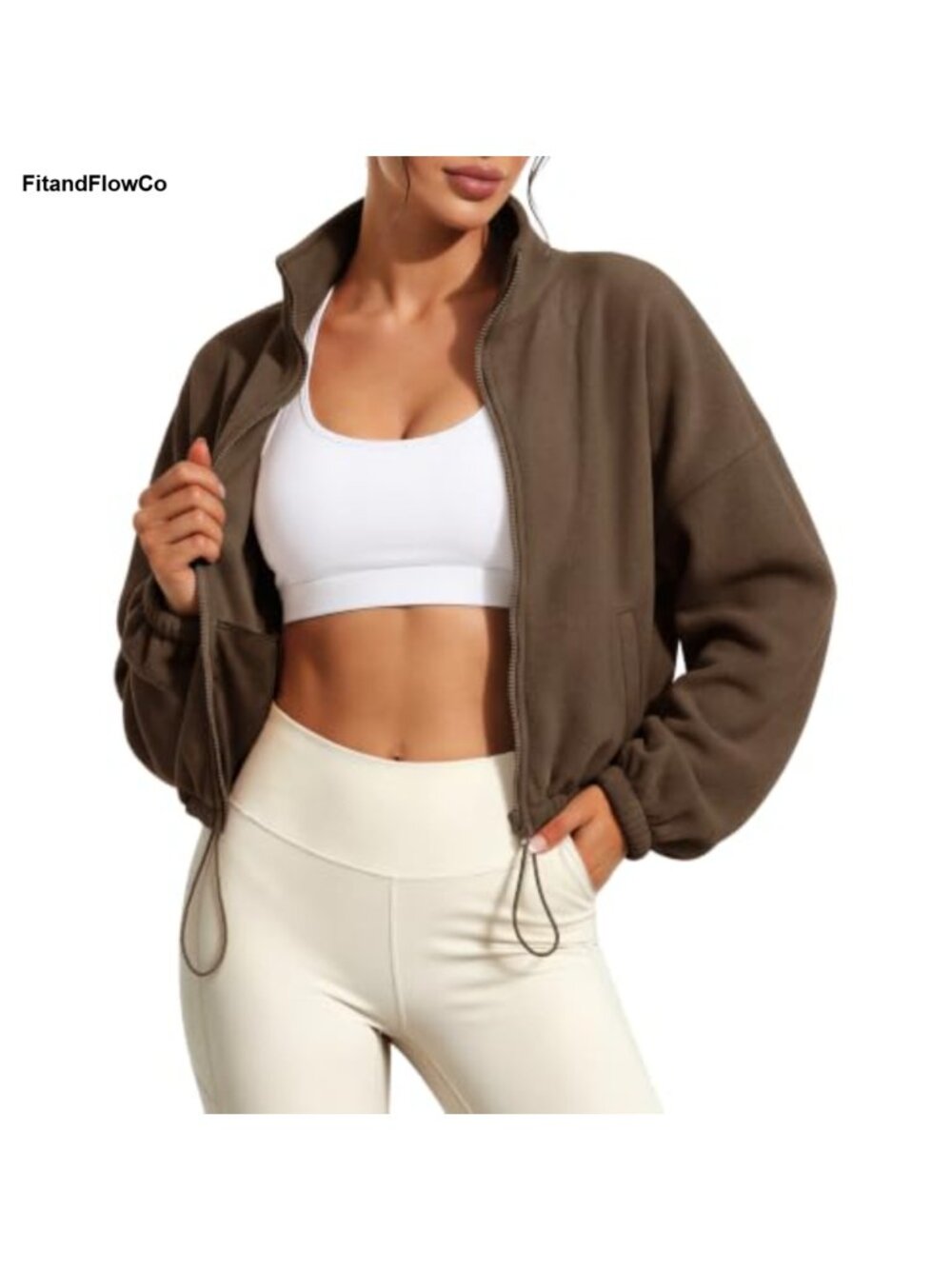 Cropped Fleece Jacket Full Zip Sherpa Sweatshirt Loose Fit